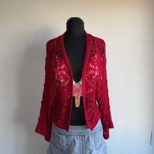 Vintage Bongo Red Open Knit Crochet Cardigan Bell Sleeve Floral Lace Y2K Boho